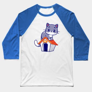 Cute Cat Sitting On Cat Cage Cartoon Baseball T-Shirt